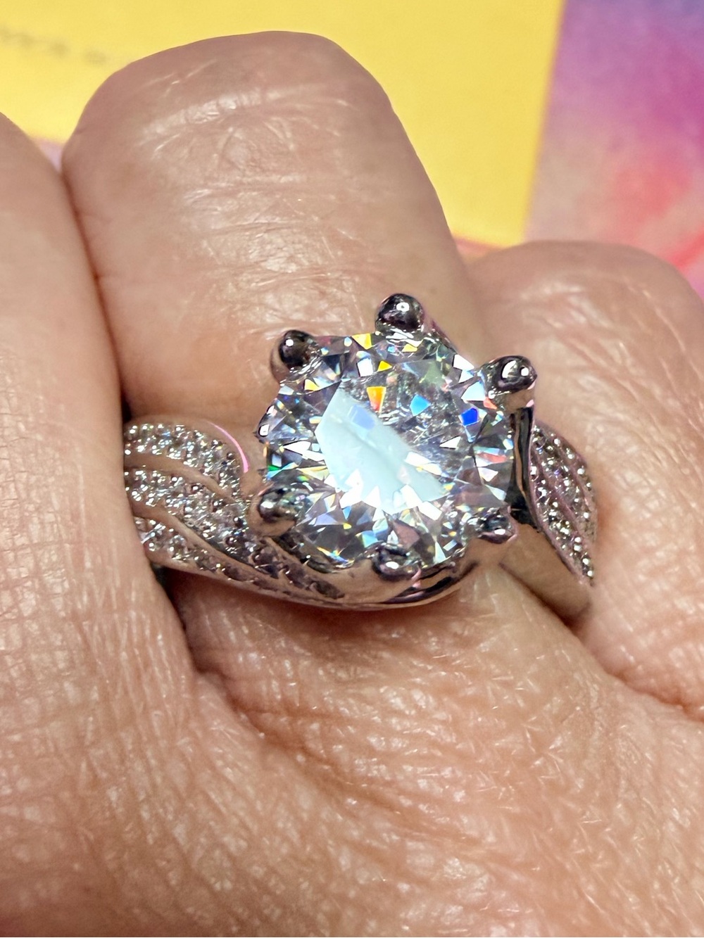 New Stunning 4 Carat Moissanite 18 K Plated Ring with Intricate Wide Pave' Band